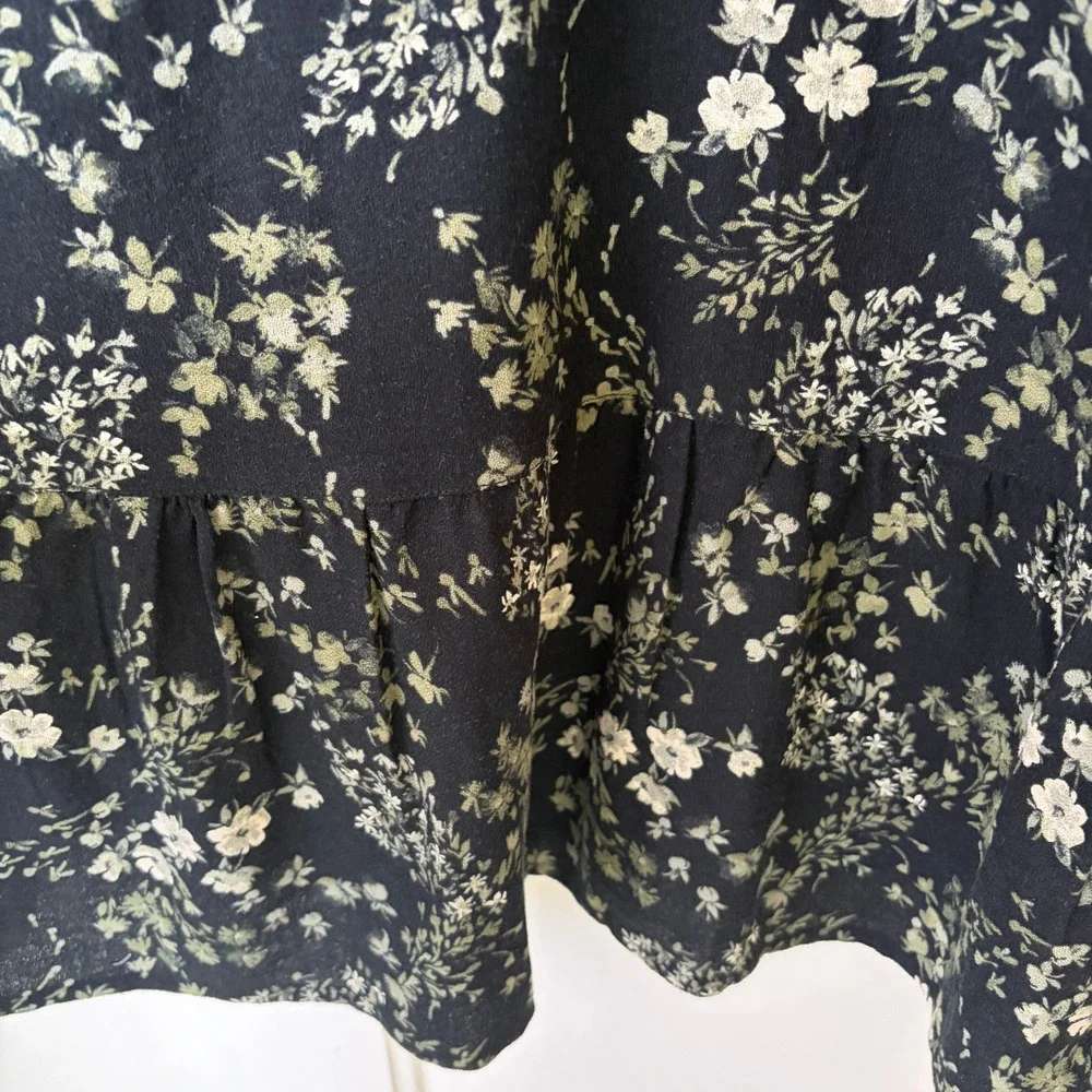 Pact Organic Cotton Floral Tiered Dress Black Green Long Sleeve Women's S